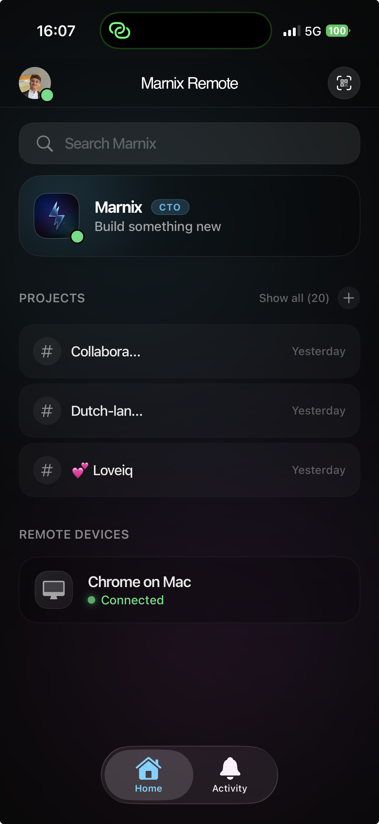 Marnix Remote iOS app โ Home screen showing projects, Marnix CTO card, and connected devices